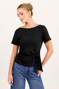Ethical Fair: Turn Black Boat Neck Knot Front Short Sleeve Top