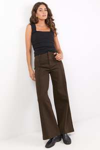 Tune Chocolate Stretch Pintuck Front Wide Leg Jean Pants