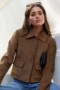 Exhibit Cinnamon Faux Suede Button Front Cropped Jacket