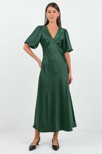 Aura Forest Satin Puff Short Sleeve Bias Midi Dress