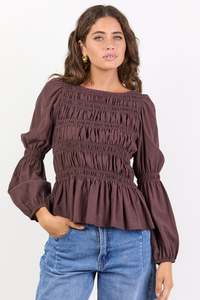 Ethical Fair: Required Chocolate LS Shirred Bodice Top