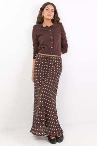 Rally Chocolate Polka Dot Georgette Tie Waist Bias Maxi Skirt