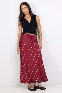 Autumn Tones: Rarity Wine Cream Polka Dot Satin Tie Waist Bias Maxi Skirt