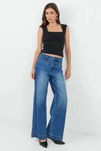 Denim Sale: Ironic Washed Blue Wide Leg Panelled Jeans