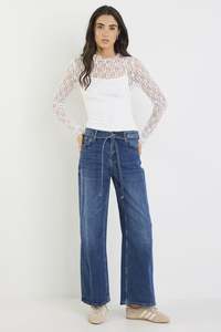 Denim Sale: College Deep Blue Wide Leg Tie Belt Jean