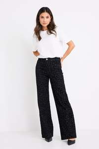 Belmont Black Animal Mid Rise Wide Leg Jean
