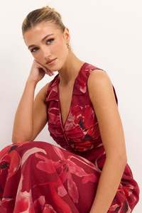 Tuck Large Red Peony Sleeveless Pleat Front Maxi Dress