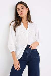 Ornamental White Lace Insert Pintuck SS Shirt