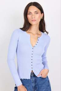 Ditto Ice Blue Button Front Rib Knit Long Sleeve Top
