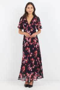 Noble Black Pink Abstract Print V Neck Puff Sleeve Midi Dress
