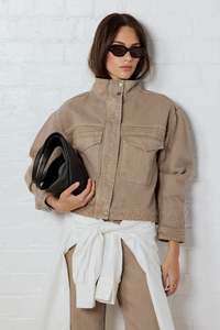 Support Local Clothing: Crafted Taupe Funnel Neck Denim Jacket