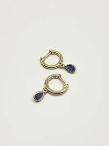 Some Teardrop Huggie Earrings Gold Coloured with Blue Crystal 606