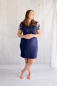 Floral Sleeve Navy Dress