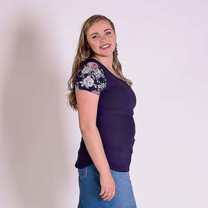 Peach Bloom Floral Sleeve Tee in Navy - Flap