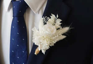 Products: White preserved Bohemian Boutonniere Flower Boutique