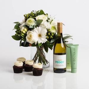 Gifts Combo Flower Gifts: Soho Peggy Wine, White Posy & Ecoya Gift Set