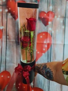 Two roses in cylinder