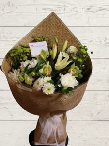 Best Selling Florals: Harakeke Wrapped White and Green Bouquet