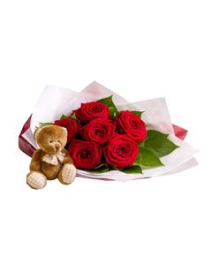 Valentines Day: Teddy & Six Roses Gift Wrapped