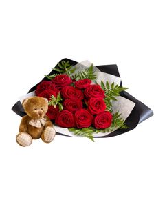 Valentines Day: Teddy & Twelve Roses Gift Wrapped