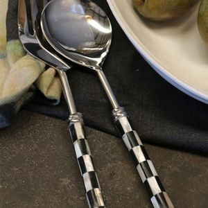 Tableware: CC Interiors CHECKER BLACK & WHITE BONE AND STAINLESS STEEL SALAD SERVER SET (2PC PER SET)