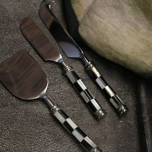 CHECKER BLACK & WHITE BONE AND STAINLESS STEEL CHEESE SERVER SET (2PC PER SET)