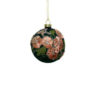 Tree Decorations: GREEN WITH PINK EMBROIDERY GLASS BALL