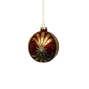 Tree Decorations: RED/GOLD GLASS FLUEUR D LYS PAINTED BALL
