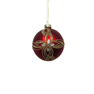Tree Decorations: RED BALL WITH GOLD AND SILVER GEMS