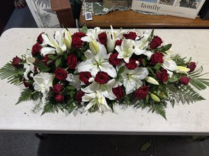 Products: Classic Red Rose & White Lily Casket Spray - Elegant Floral Tribute - Flowers that Wow- Florist - South Auckland Delivery