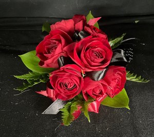 Products: Red rose wrist corsage black pearl band - Flowers that Wow- Florist - South Auckland Delivery
