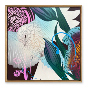 Handpainted: White Fantail2 & Electric Punga 50cm