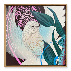 Handpainted: White Fantail1 & Electric Punga 50cm