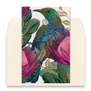 Tūī & King Protea Greeting Card