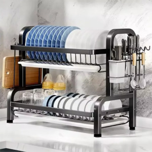 Kitchen Appliance: Dish Drying Rack 2-Tier Compact Kitchen Dish Rack Drainboard Set Large Rust-Proof Dish Drainer with Utensil Holder