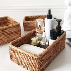 Laundry Bags: Handwoven Rectangular Rattan Wicker Basket Fruit Tea Snack Bread Picnic Cosmetic Storage Box Kitchen Supplies Household Tools