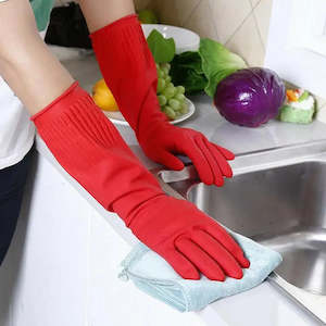 Gloves: Red Gloves Washing Dishes Cleaning Waterproof Rubber Sleeve Gloves Latex Long Gloves  Kitchen Tool