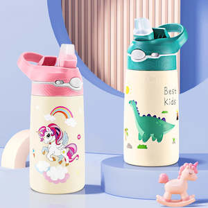 Water Bottles: 400ML Kids Water Bottle Cartoon Animal Children's Cup With Straw Stainless Steel Vacuum Flacks Thermos Bottle Thermal Mug Cups