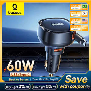 Car Accessories: Baseus 60W Car Charger 2 in 1 Retractable Cable SCP 25W QC PD 30W Fast Car Phone Charger For iPad iPhone 15 14 13 Pro Samsung