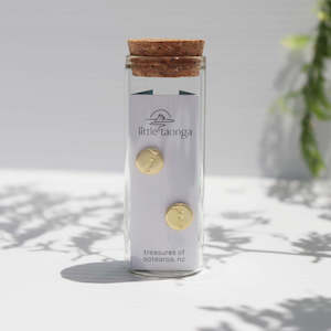 Little Taonga: round NZ map gold stud earrings