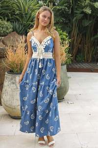 Dresses: Blue cotton embroidered maxi