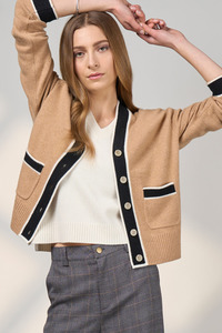 Knitwear: Madly Sweetly College Cardi - Camel/Black