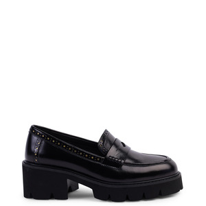 Footwear: Kathryn Wilson Fitzroy Loafer - Black Hi Shine / Gold Trim