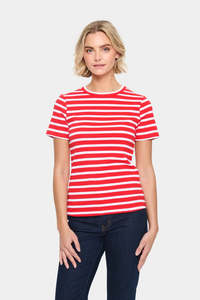 Saint Tropez: Saint Tropez Aster SZ SS Stripe T-Shirt - Flame White Stripe