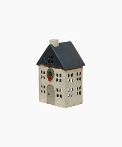 French Country Christmas Tea Light House Blue with Wreath Small