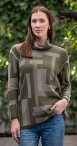 Knitwear: Country Laine Cubist Jumper - Olive/Chateau