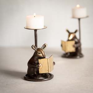 Bronze Sculptures Ornaments: Bronze Book Mouse Tealight Stand | Antique
