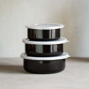 Food Prep Utensils: Enamel Bowls With Lid | Set of 3 - Black