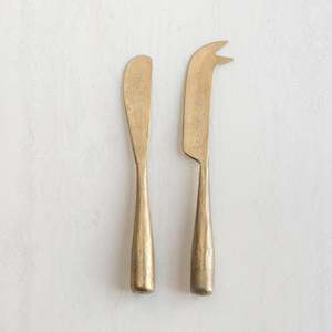 Solid Handle Cheese Knife + Spreader Set | Round | Antique Brass