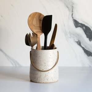 Its Time For A Drink: Anna Campbell | NZ Ceramics | Utensil Holder with Brass Handle | Mottled White